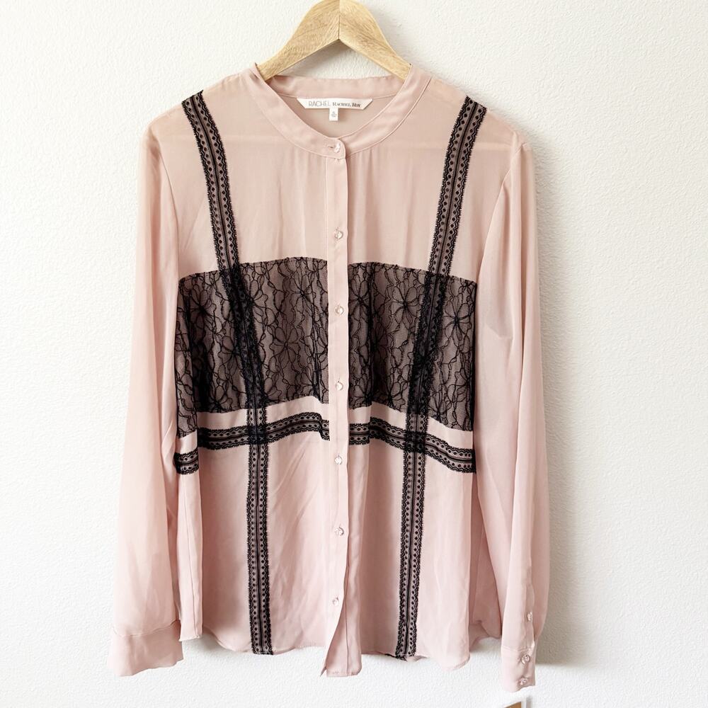 RACHEL ROY | Nude Lace blouse Semi-sheer Clear Button Top Down | Size XL